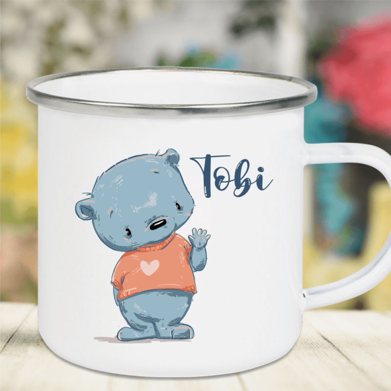 Bild von Emaille Tasse Kinder mit Deinem Namen Teddy | 🔮 Gravur nach Wunsch 🌟