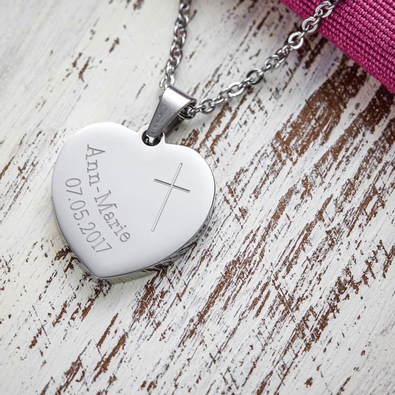 Bild von Herz Anhänger Kette mit Gravur Silber Kreuz personalisiert | 🔮 Gravur nach Wunsch 🌟