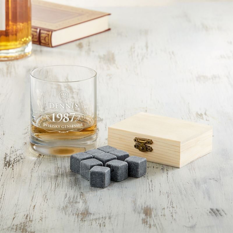 Bild von Whiskyset Whiskysteine und Whiskyglas mit Gravur Elegant | 🔮 Gravur nach Wunsch 🌟