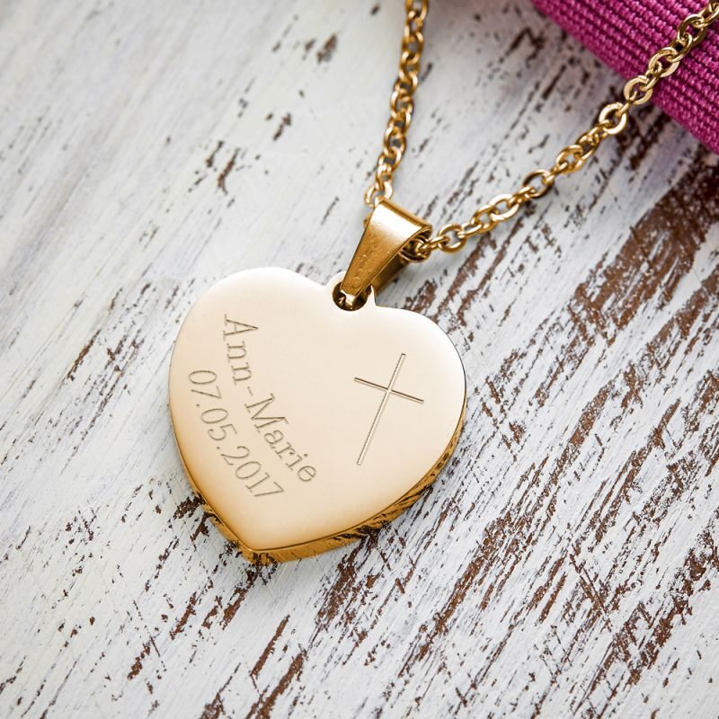 Bild von Herz Anhänger Kette mit Gravur Gold Kreuz personalisiert | 🔮 Gravur nach Wunsch 🌟