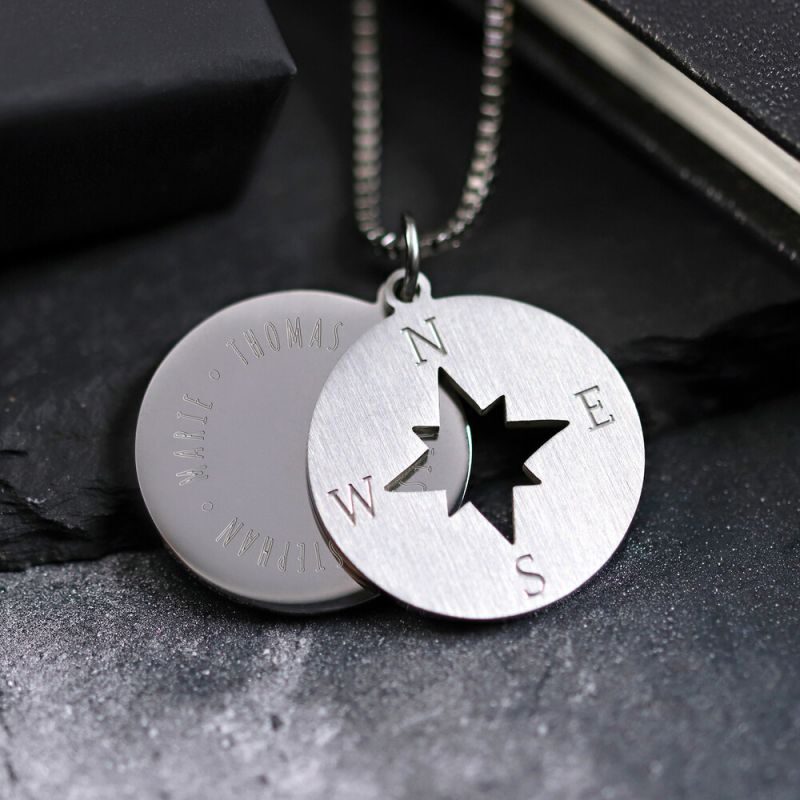 Bild von Halskette mit Gravur Kompass und Namen Silber personalisiert | 🔮 Gravur nach Wunsch 🌟