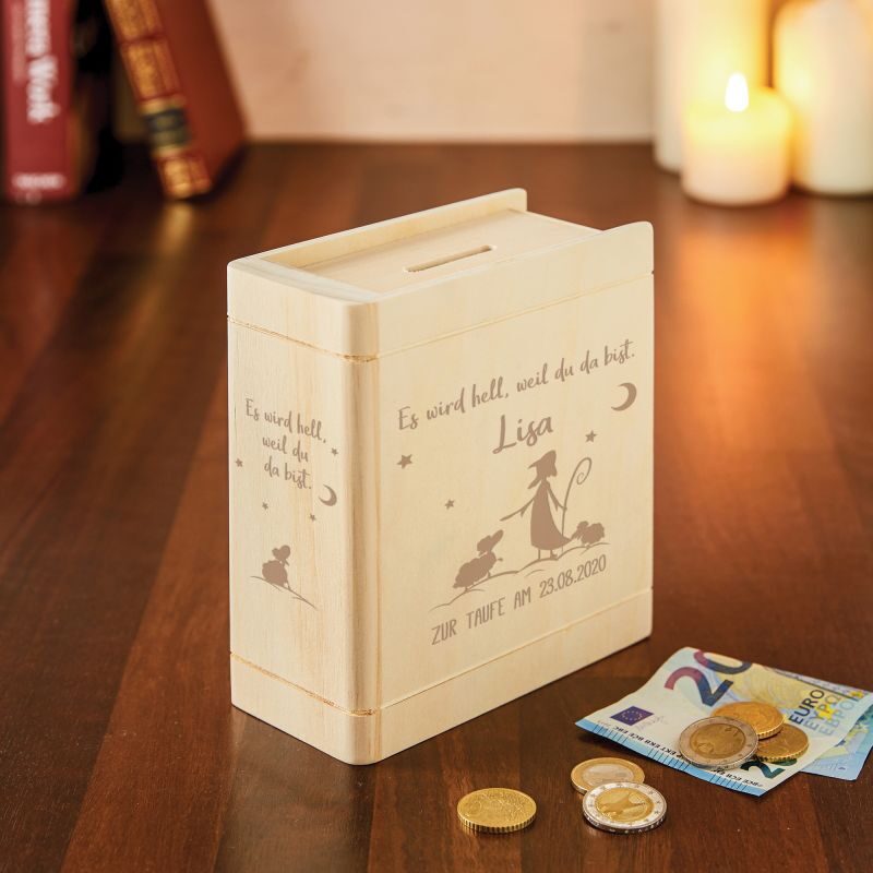 Bild von Spardose Buch aus Holz mit Gravur zur Taufe Hirte Personalisiert | 🔮 Gravur nach Wunsch 🌟