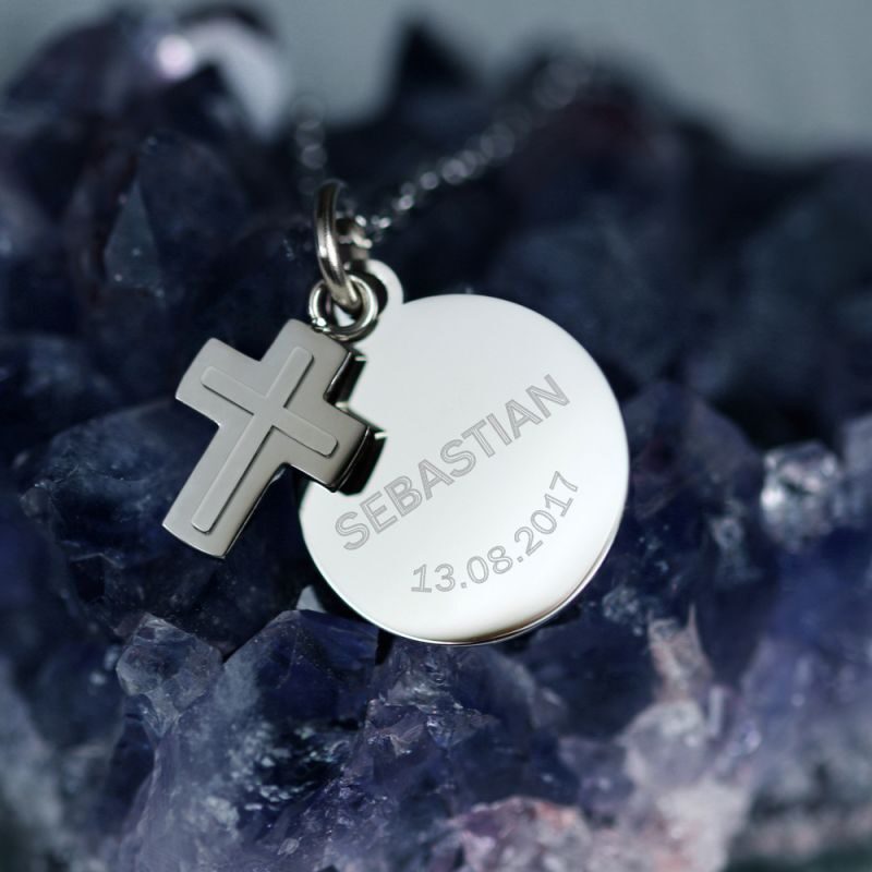 Bild von Halskette mit Gravur Kreuz Anhänger und Plakette Personalisiert | 🔮 Gravur nach Wunsch 🌟