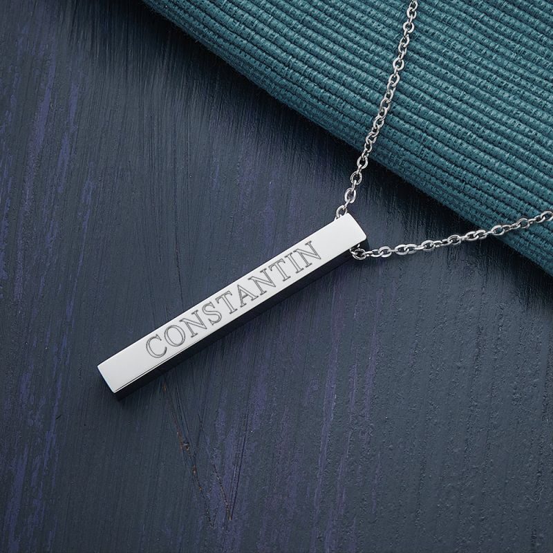 Bild von Halskette mit Gravur Silber Stab Anhänger graviert Personalisiert | 🔮 Gravur nach Wunsch 🌟