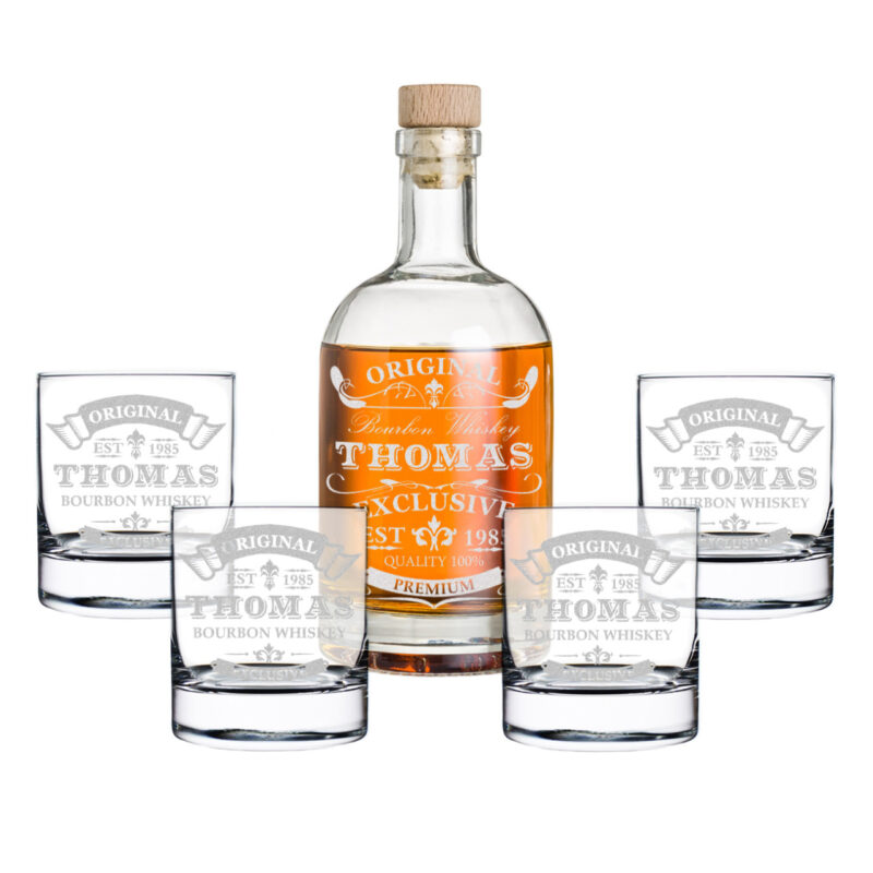 Bild von 5 tlg Whisky Geschenkset Flasche 4x Gläser mit Gravur | 🔮 Gravur nach Wunsch 🌟