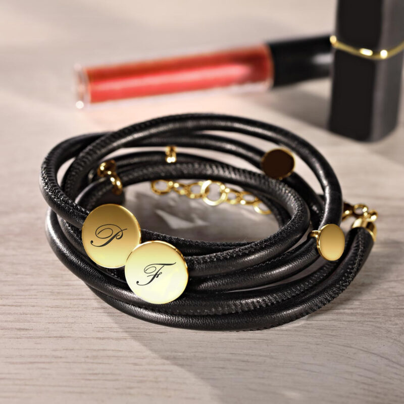 Bild von Elegantes Leder Wickelarmband schwarz gold mit Geschenketui inkl Gravur | 🔮 Gravur nach Wunsch 🌟