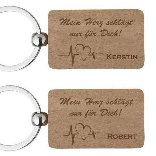 Holz-Partner-Schlüsselanhänger mit Gravur Heartbeat