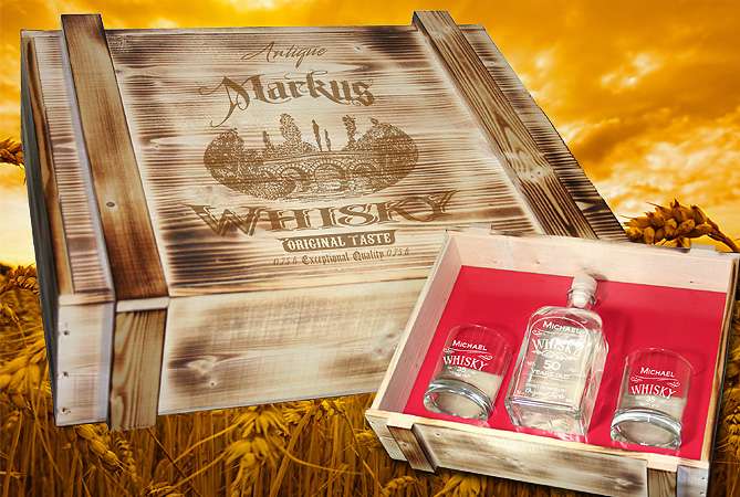 Bild von Whiskyset Whiskybox Holzkiste rustikal komplett | 🔮 Gravur nach Wunsch 🌟