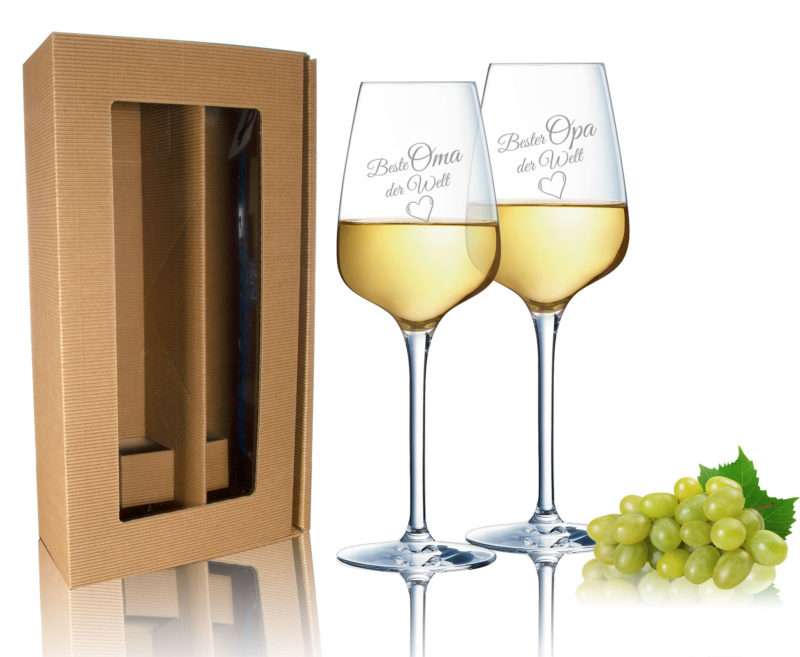 Bild von 2 Weingläser 35cl im Geschenkkarton natur mit Sichtfenster und Wunschgravur Logogravur | 🔮 Gravur nach Wunsch 🌟