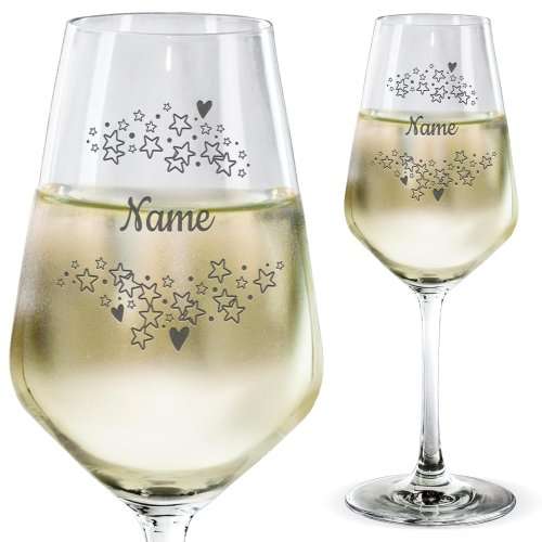 Bild von Weißweinglas mit Gravur Sterne mit Name | 🔮 Gravur nach Wunsch 🌟