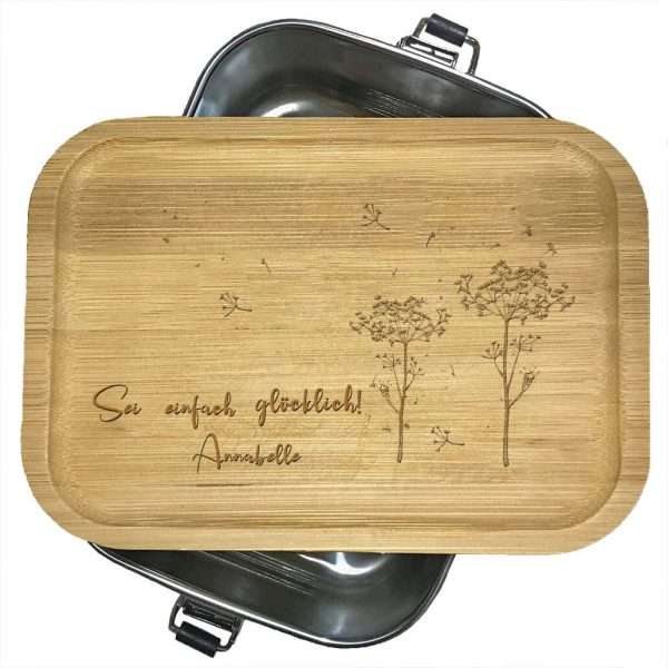 Bild von Brotdose aus Edelstahl mit Bambusdeckel mit Name und Motiv Sei einfach glücklich | 🔮 Gravur nach Wunsch 🌟