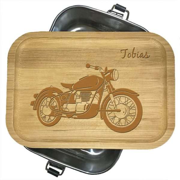 Bild von Brotdose aus Edelstahl mit Bambusdeckel mit Name und Motiv Motorrad | 🔮 Gravur nach Wunsch 🌟