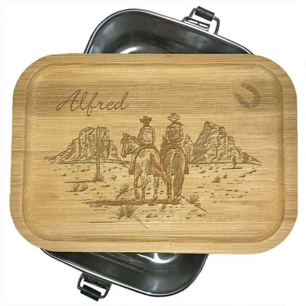 Bild von Brotdose aus Edelstahl mit Bambusdeckel mit Name und Motiv Reiter Cowboy | 🔮 Gravur nach Wunsch 🌟