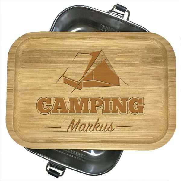 Bild von Brotdose aus Edelstahl mit Bambusdeckel mit Name und Motiv Camping | 🔮 Gravur nach Wunsch 🌟