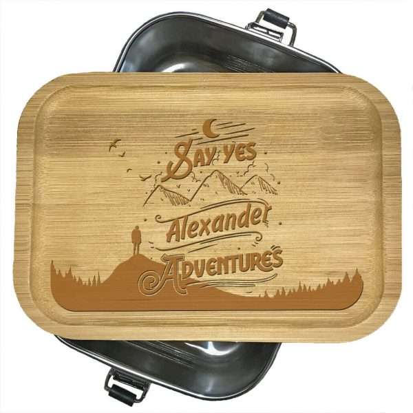 Bild von Brotdose aus Edelstahl mit Bambusdeckel mit Name und Motiv Adventure | 🔮 Gravur nach Wunsch 🌟
