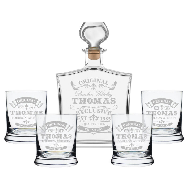 Bild von 5 tlg Whisky Geschenkset Flasche 4x Gläser inkl Gravur | 🔮 Gravur nach Wunsch 🌟