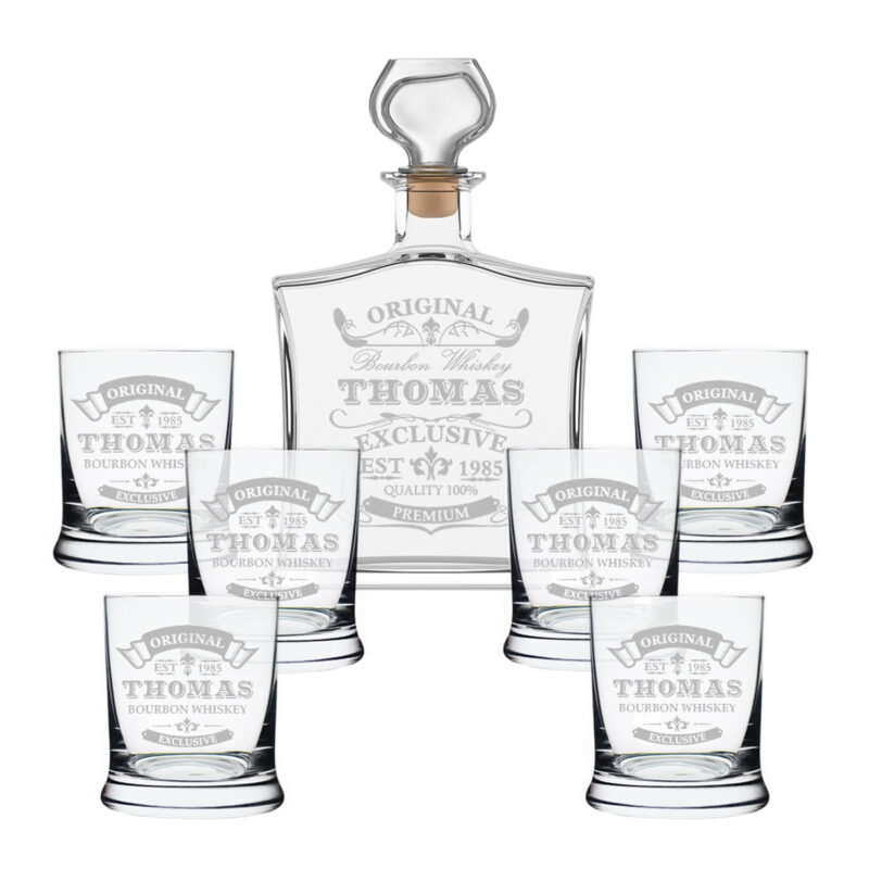 Bild von 7 tlg Whisky Geschenkset Flasche 6x Gläser inkl Gravur | 🔮 Gravur nach Wunsch 🌟
