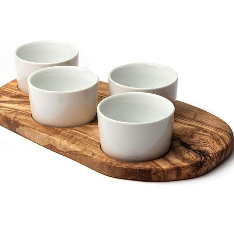 Servierbrettchen für Dips aus Olivenholz inkl. 4 Porzellanschalen