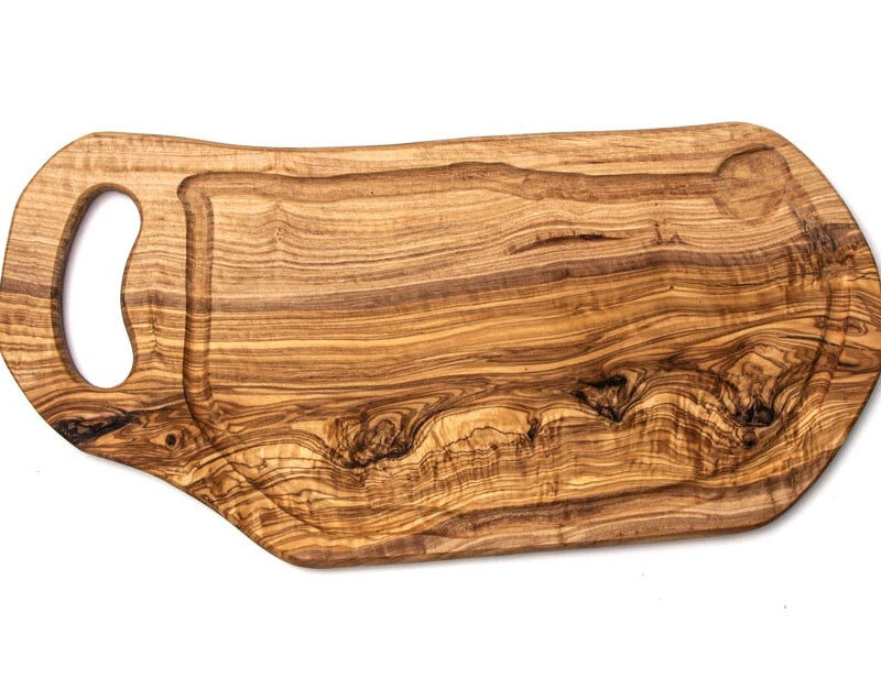 Steakbrett aus Olivenholz mit Saftrille und Henkel im Naturschnitt - ca. 42 cm