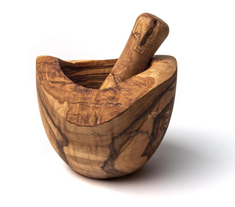 Rustikaler Mörser mit Stößel aus Olivenholz - Ø 14 cm