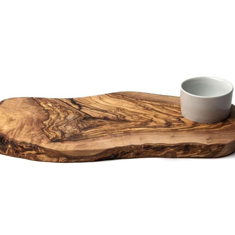 Rustikales Burgerbrett aus Olivenholz mit Porzellanschale - ca. 42 cm