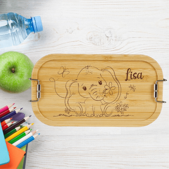 Bild von personalisierte Brotdose Kinder Lunchbox Metall mit Holzdeckel | 🔮 Gravur nach Wunsch 🌟