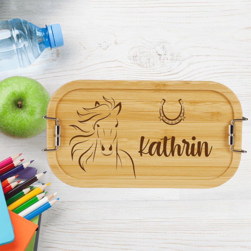Bild von personalisierte Brotdose Kinder Lunchbox Metall mit Holzdeckel | 🔮 Gravur nach Wunsch 🌟