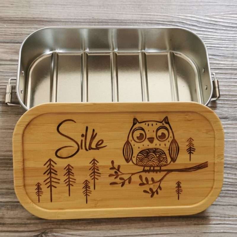 Bild von personalisierte Brotdose Kinder Lunchbox Metall mit Holzdeckel Eule | 🔮 Gravur nach Wunsch 🌟