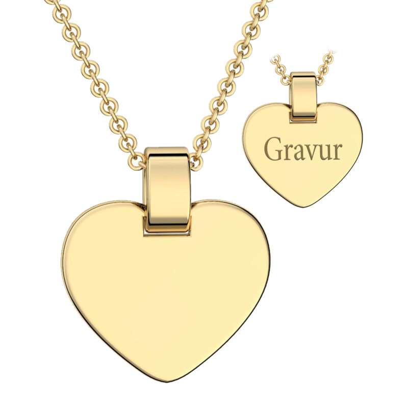Kinder Herzkette mit Gravur in Gelbgold (Silber 925 vergoldet) von AMOONIC I Halskette Mädchen Kette 38cm I Herzanhänger beidseitig individuell gravierbar I Herz Gravurkette für Kinder