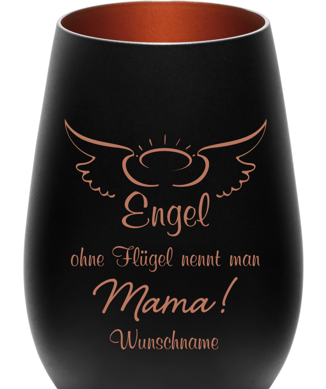 Windlicht schwarz mit Gravur Engel ohne Flügel nennt man Mama