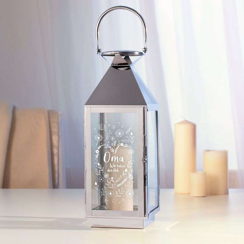 Silber Laterne für Oma - Windlicht mit Blumenherz Gravur