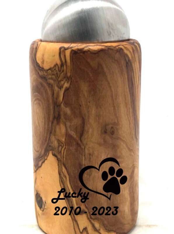 Urne aus Olivenholz mit Edelstahl-Kugelverschluss für Tiere bis ca. 15 kg Lebendgewicht