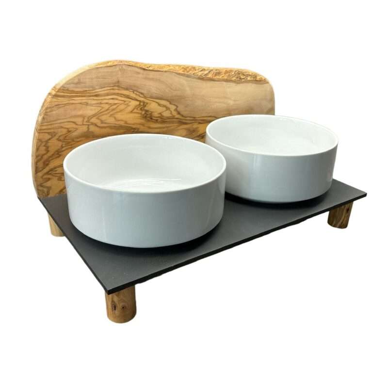 Futterstation "Mountain" runde Füße mit Porzellanschalen und Spritzschutz aus Olivenholz - 0.9 L erhöht um 6 cm