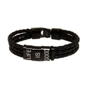 Armband aus Leder schwarz, dreireihig mit 3 Elementen aus Edelstahl mit individueller Gravur