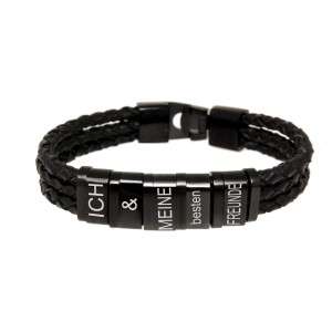 Armband aus Leder schwarz, dreireihig mit 5 schwarzebElementen aus Edelstahl mit individueller Gravur