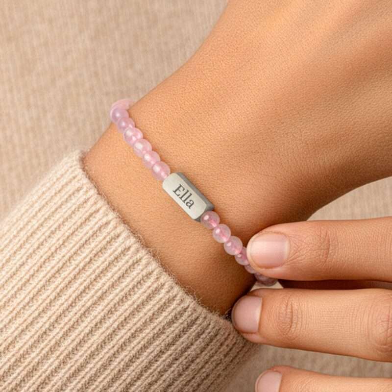 Rosenquarz armband mit Gravur - S - 4mm - Silber