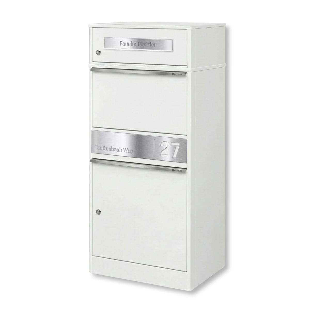 White freestanding multi-compartment mail cabinet with a small upper mailbox and metal address plaque.