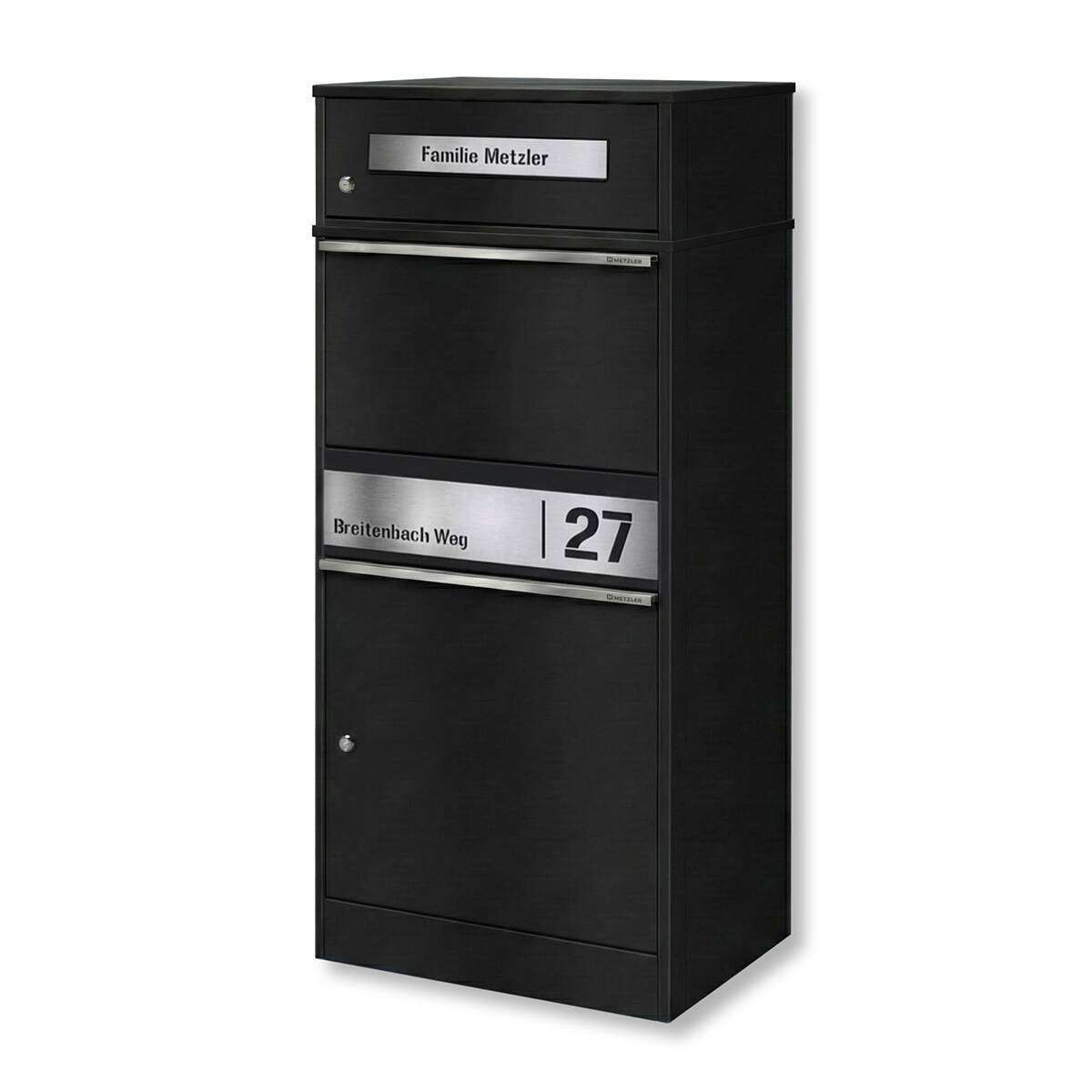 Black freestanding multi-compartment mailbox with metal address plaque reading 'Breitenbach Weg 27' and name plate 'Familie Metzler'