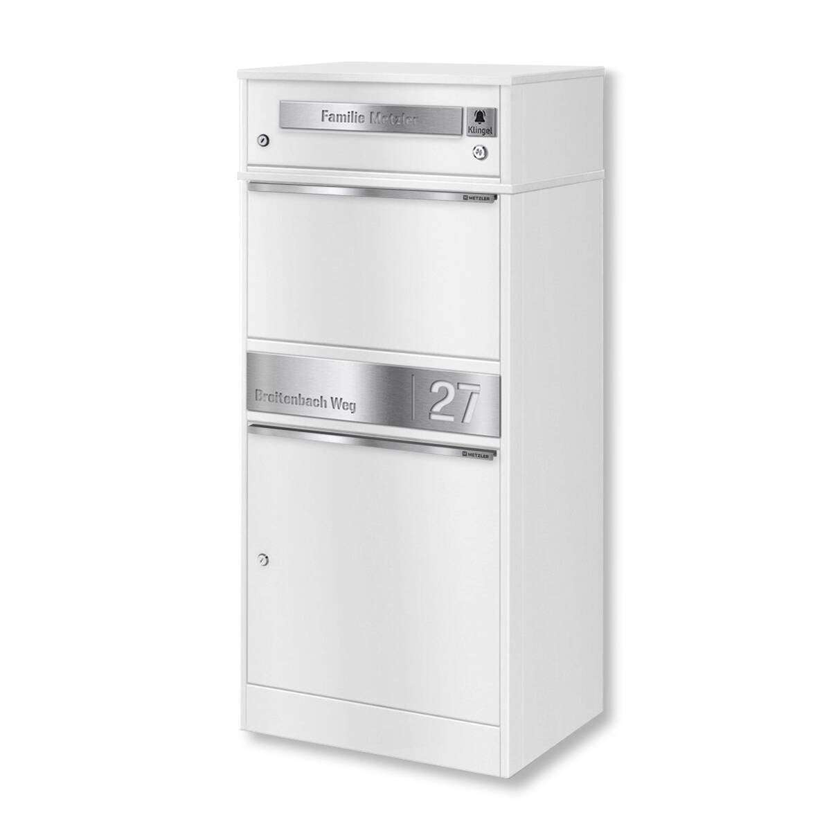Tall white, multi-compartment outdoor mailbox with a metal address plaque reading '27' and street name text on the midsection.