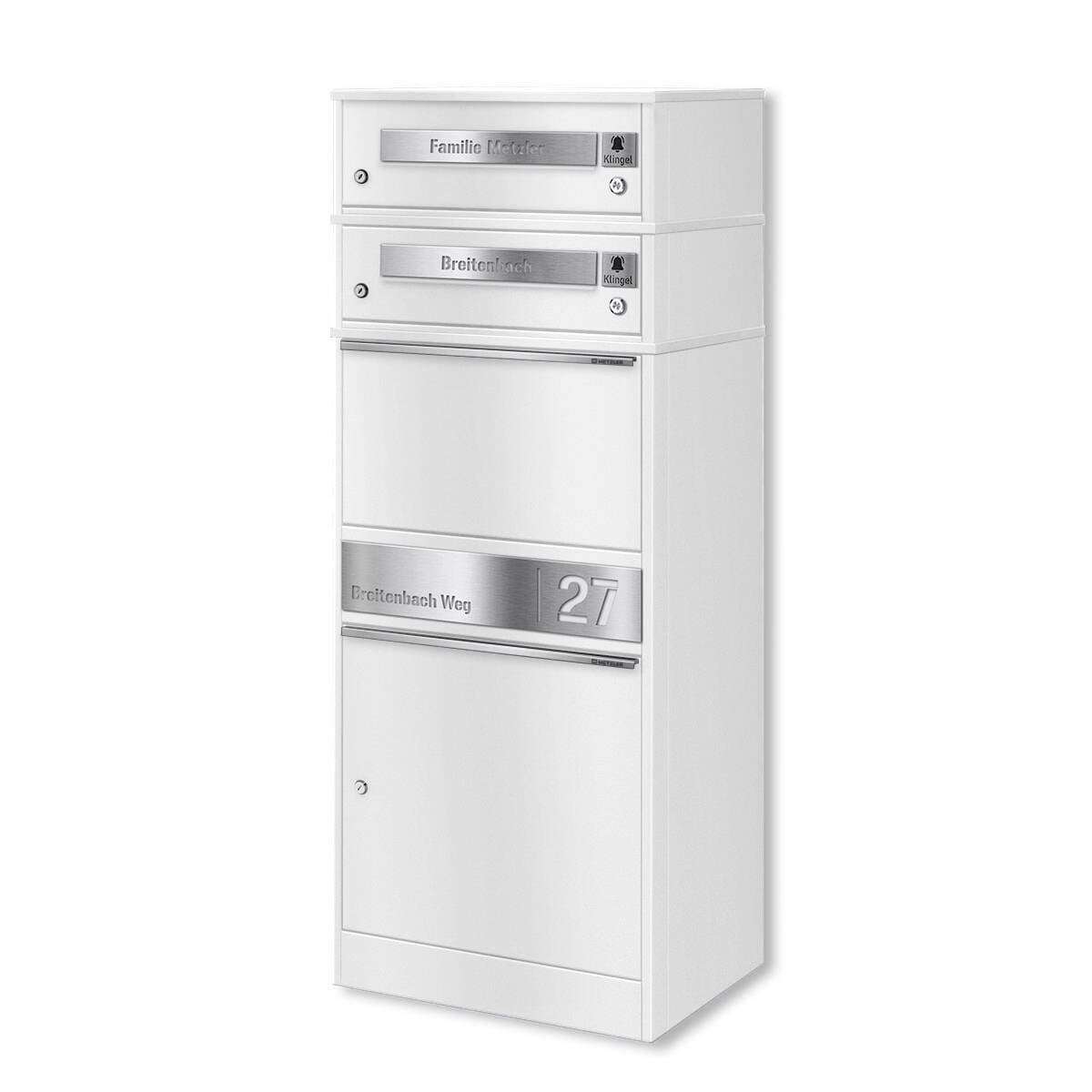 White multi-compartment post/mailbox unit with four numbered mail slots and a bottom cabinet, for apartment or office use.