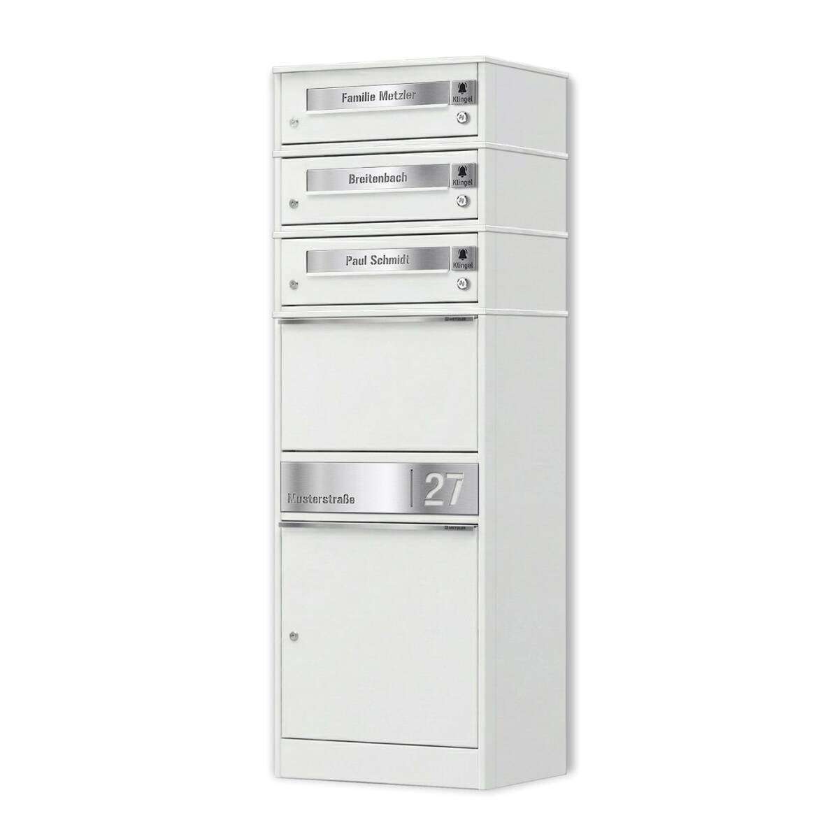 Vertical bank of white metal mailboxes with individual nameplates and a street-number panel at the bottom (Musterstraße 27)