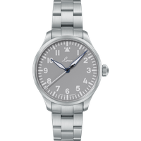Stainless steel wristwatch with a gray dial, blue hands, and a metal link bracelet.