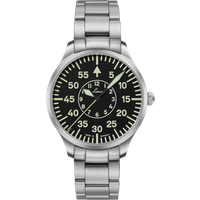 Silver metal wristwatch with black dial and white numerals; time shown about 10:10.