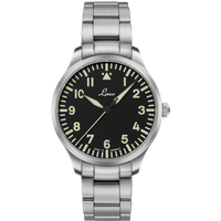 Stainless steel wristwatch with black dial, white Arabic numerals, and metal link band.