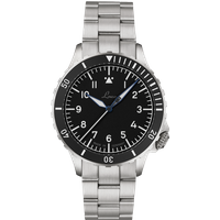 Stainless steel diving watch with a black dial, white numerals, and rotating bezel on a metal bracelet.