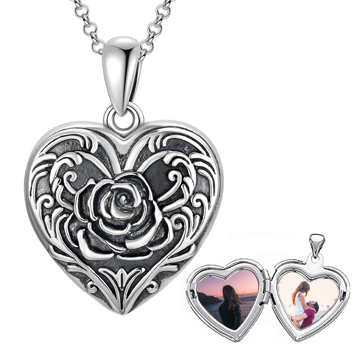 Silver heart-shaped locket necklace with intricate rose filigree; opens to reveal two photo inserts.