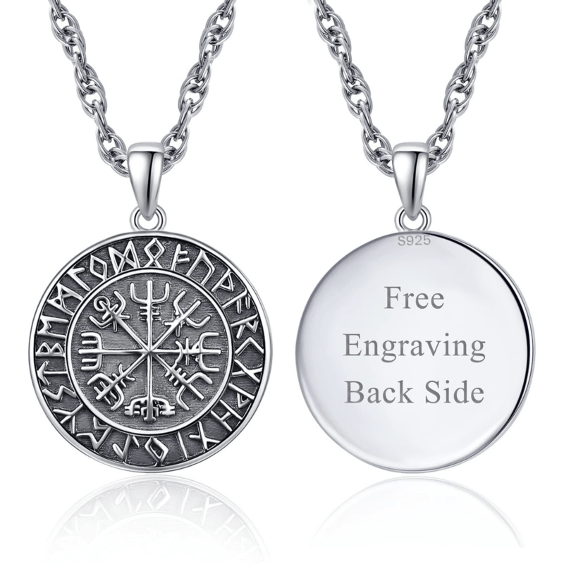 Two silver pendant necklaces; left pendant shows a runic engraving, right pendant shows the back side with 'Free Engraving Back Side' text.