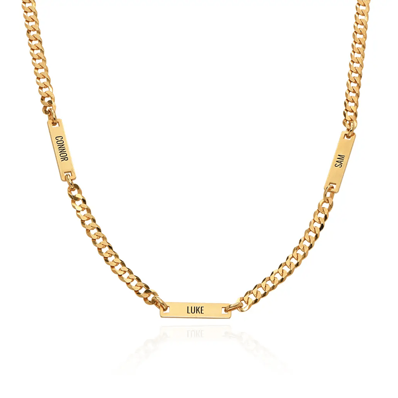 Gold necklace with chain and three name plates reading LUKE (center), CONNOR and SAM (sides) for personalized jewelry.