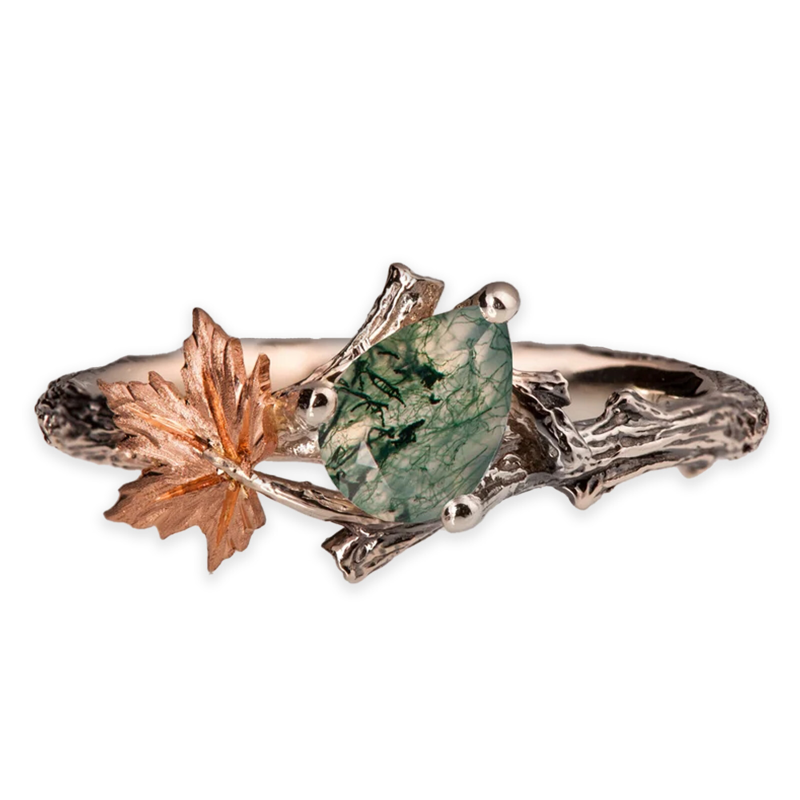 Abstract metal sculpture featuring copper leaf accents, a green marbled glass shard, and a textured silver-toned base, arranged in a flowing, organic form