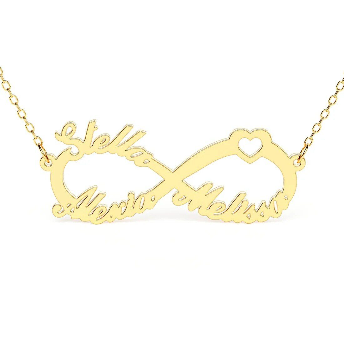 Gold infinity-necklace pendant with two scripted names on each loop and a small heart, connected by a delicate chain (informational jewelry image).